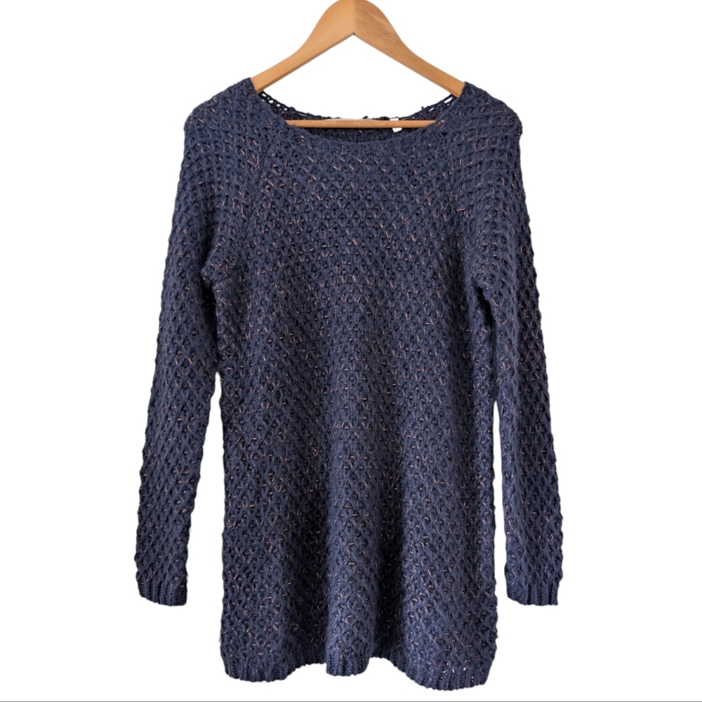 Soft Surroundings Thick Thistle Knit Navy & Metallic Crochet Sweater Small